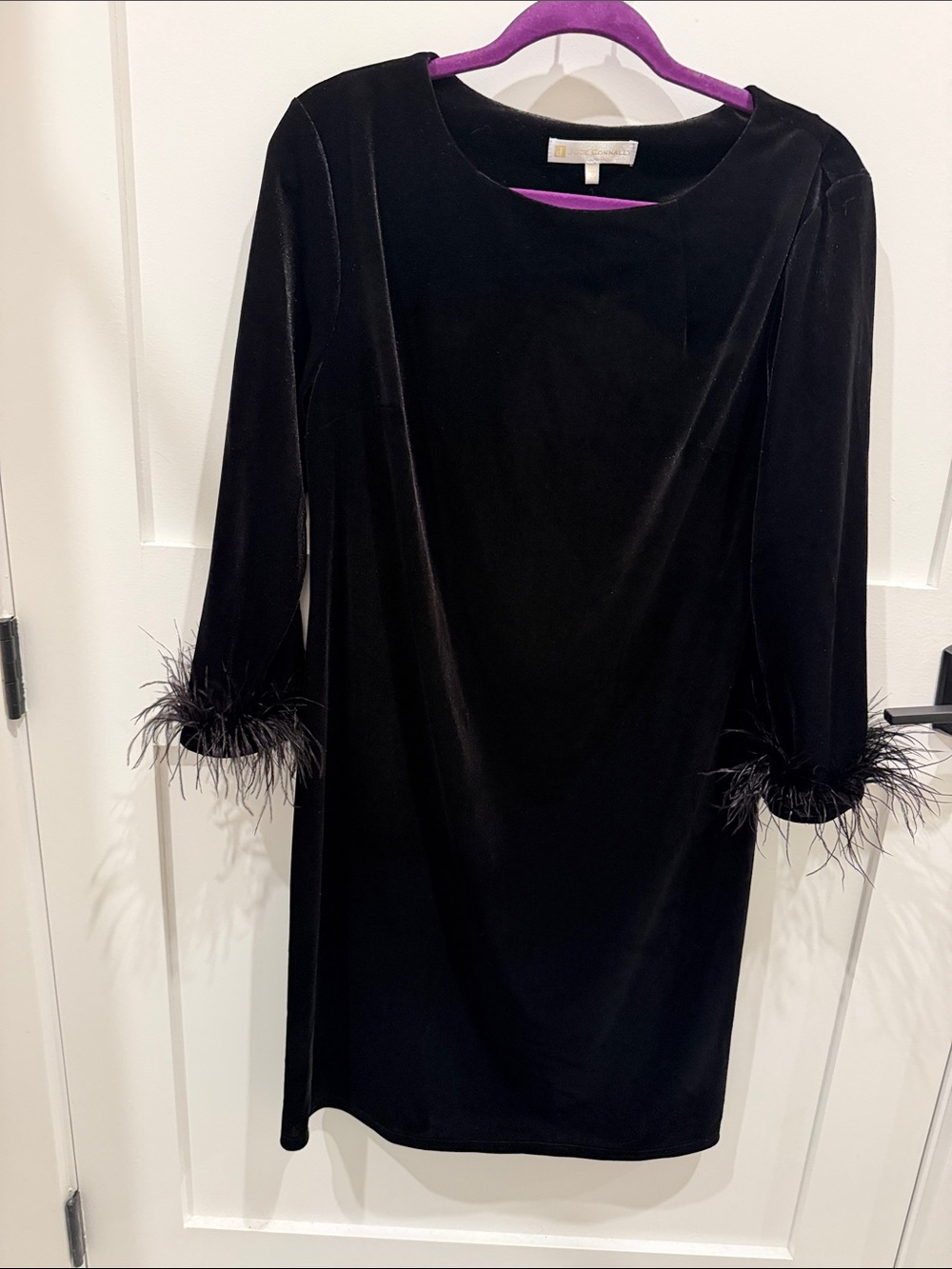 Jude Connally Black Velvet Dress with Feather Cuffs